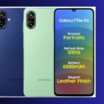 Samsung Galaxy F70e 5G smartphone with 6000mAh battery and modern design