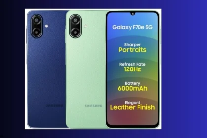 Samsung Galaxy F70e 5G smartphone with 6000mAh battery and modern design